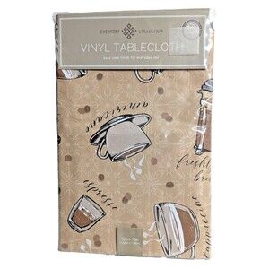 Coffee Cups Peva Vinyl Tablecloth 52 x 70 Brown Tan Fabric Backing Kitchen Gift